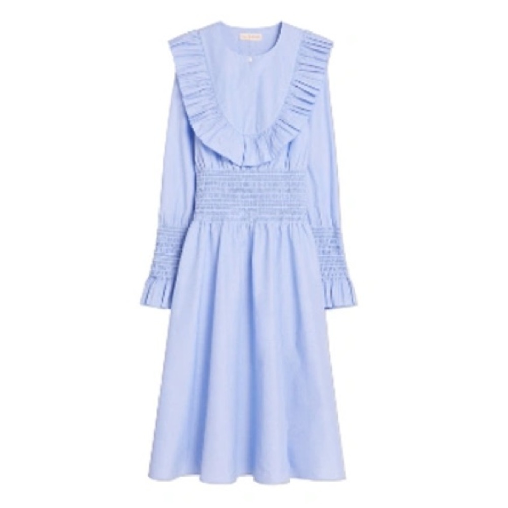 Tory Burch Smocked Cotton Midi Dress Ruffled Yoke Size 4 Blue